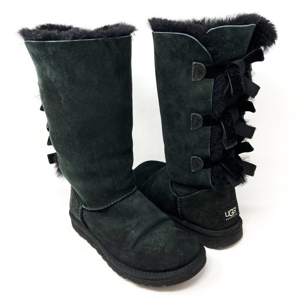 UGG Bailey Bow Tall II Black Suede 3-Bow Shearling Boots - Size 5